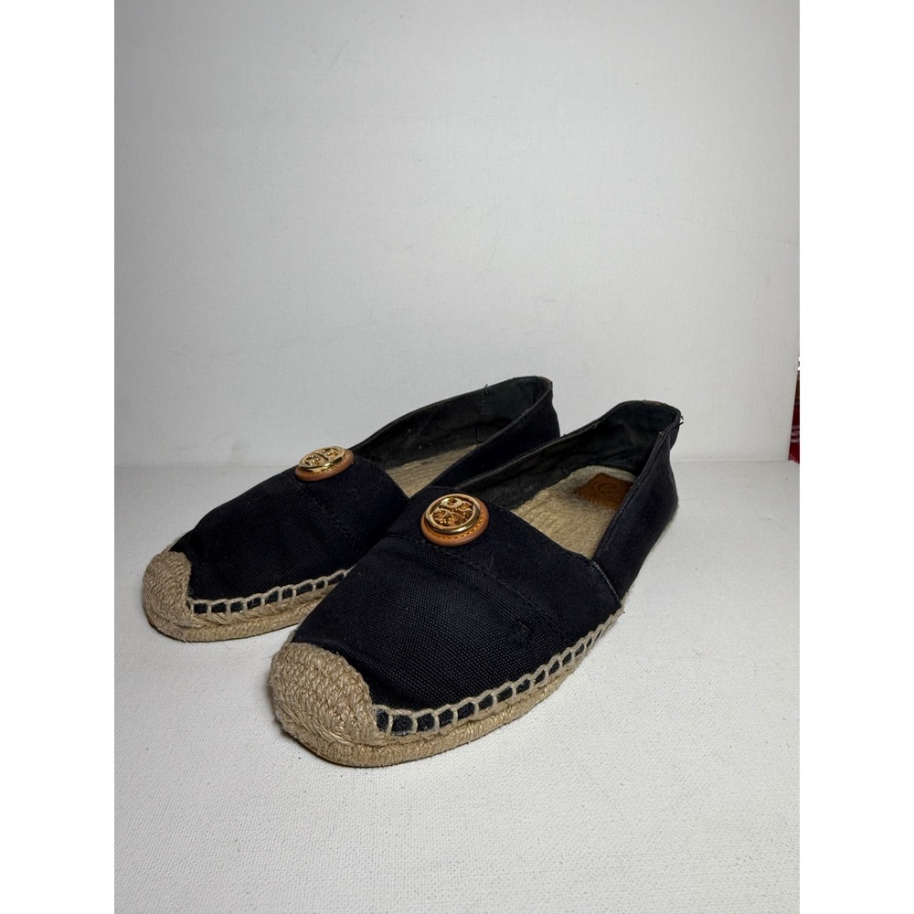 Tory Burch Black Canvas Logo Medallion Espadrille Flats Shoes Womens 9.5